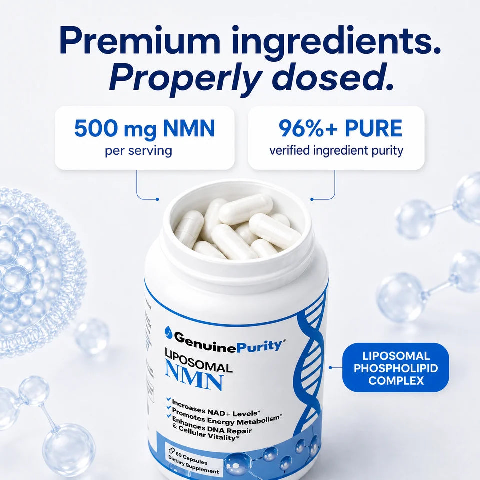 Genuine Purity Liposomal NMN dose, purity, and phospholipid complex