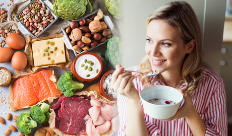 |Healthy lifestyle. Good life. Organic food. Vegetables. Close up portrait of happy cute beautiful young woman while she try tasty vegan salad in the kitchen at home.||