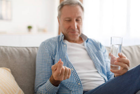 Closeup of senior man sitting on couch with glass of water, holding pill in hand taking painkillers at home. Mature male patient using medications, selective focus, blurred background|smiling senior couple with pill bottle sitting in sofa at home||